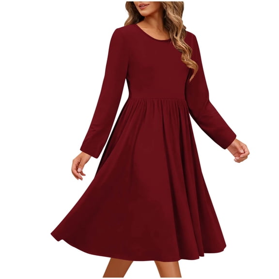 Enjoytime Womens Dresses Solid Color Round Neck Long Sleeve Dresses Spring Casual Flowy Vacation Midi Dress 2026