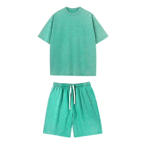 Trajes para Hombres Traje de Ajuste Clásico Verano Cuello Redondo Pantalones Cortos de Manga Corta Traje Dividido de Algodón Lavado
