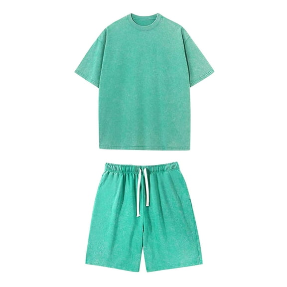 Wyobmus Men's 2 Piece Lounge Sets Summer Round Neck Short Sleeved Washed Cotton Shorts Vintage Style Distressed Short Set Green