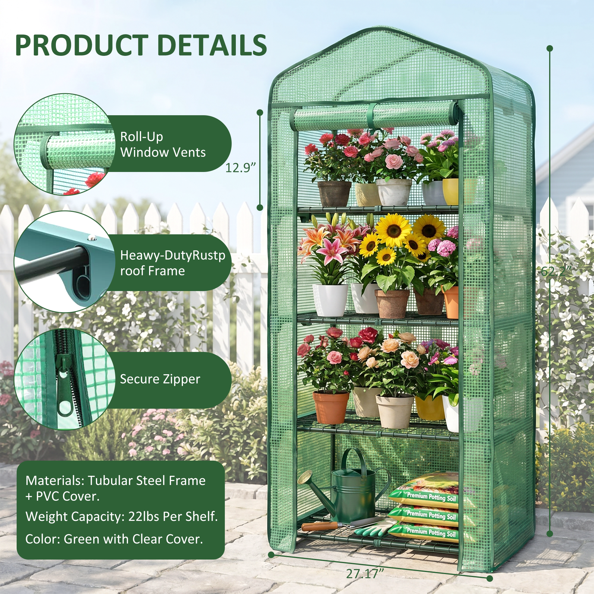 LIFERECORD 4 Tier Mini Greenhouse - Portable Greenhouse with PE Cover for Indoor or Outdoor, 27" x 19" x 65" Green House for Home, Green