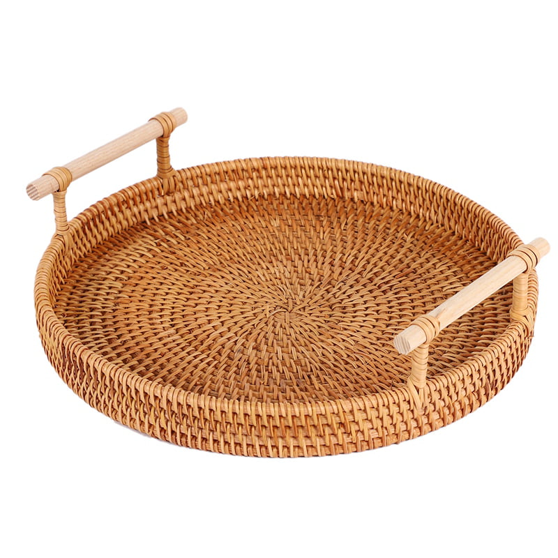 Round Basket with Handle Hand-Woven Rattan Storage Tray Rattan Tray Wick Q5X1 