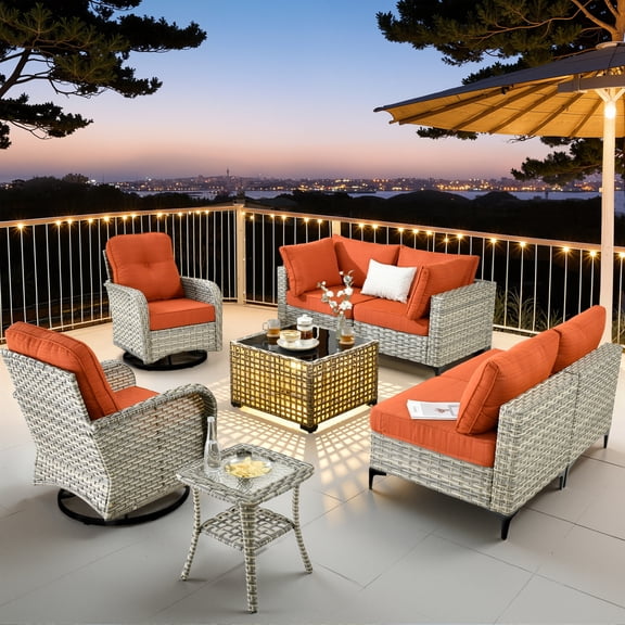 Vcatnet Outdoor Patio Furniture Sets 8 Pieces Sectional Sofa Wicker Conversation Set with Swivel Glider Chairs and Solar Powered Coffee Table for Porch, Deck, Orange Red
