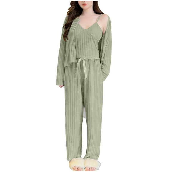 Lightweight Summer Pajamas Sevevn Womens 3 Piece Lounge Sets Pajamas Knit Long Sleeve Cardigan Crop Top Wide Leg Pants Loungewear Set