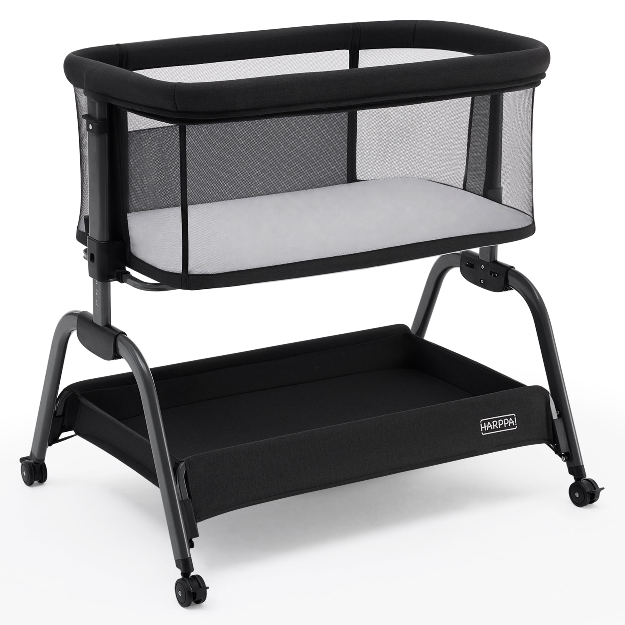 HARPPA Bassinet Bedside Sleeper, Bedside Bassinet with Storage & Wheels for Infants, Black