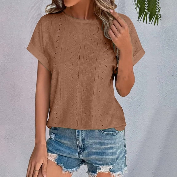 Tittly T Shirts for Women Spring Tops for Women Women's Spring Summer Solid Color Hollow Breathable Round Neck Loose Short Sleeved T Shirt Top Tshirts Shirts Basic Tees Coffee S