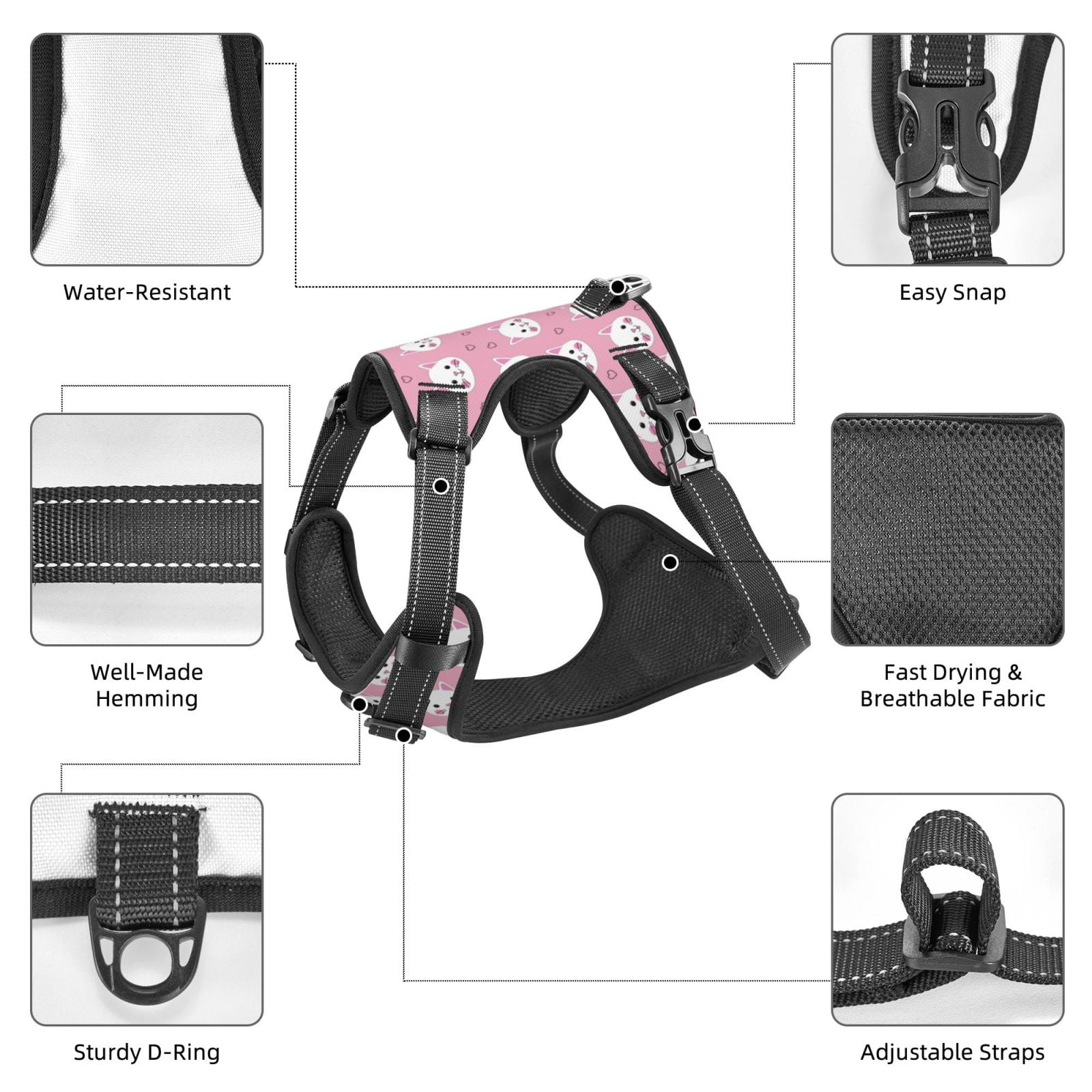 Vsdgher Cute Cat Pattern Dog Harness,No Pull Pet Harness with Soft Padded Handle,Adjustable Reflective Vest with 2 Buckles,4 Slide Buckles,S-XL Large