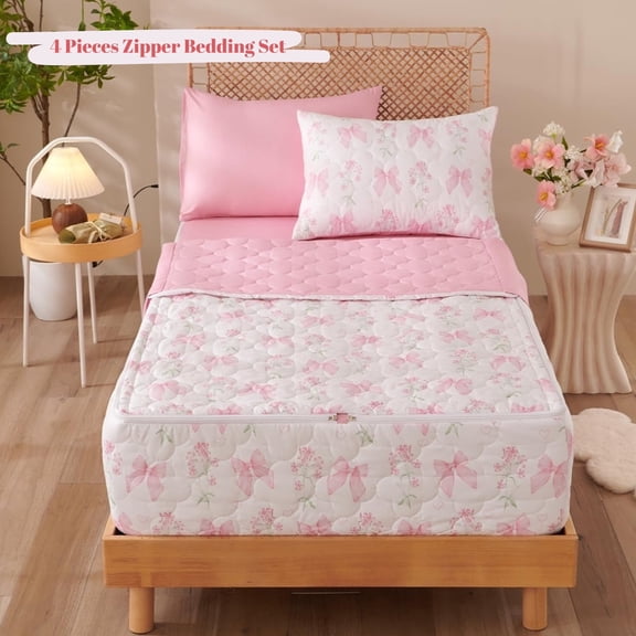 4 Pieces Girls Pink Floral Comforter Set Twin Zipper Bedding Set for Girls,Bow Bedding Set Romantic Princess Style Bowknot Comforter Set for Kid,All in one Zipper Bedding