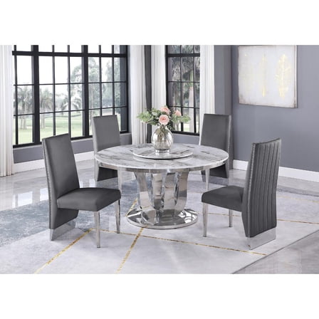 6pc. White Marble Dining Set with Lazy Susan and Silver Stainless Steel