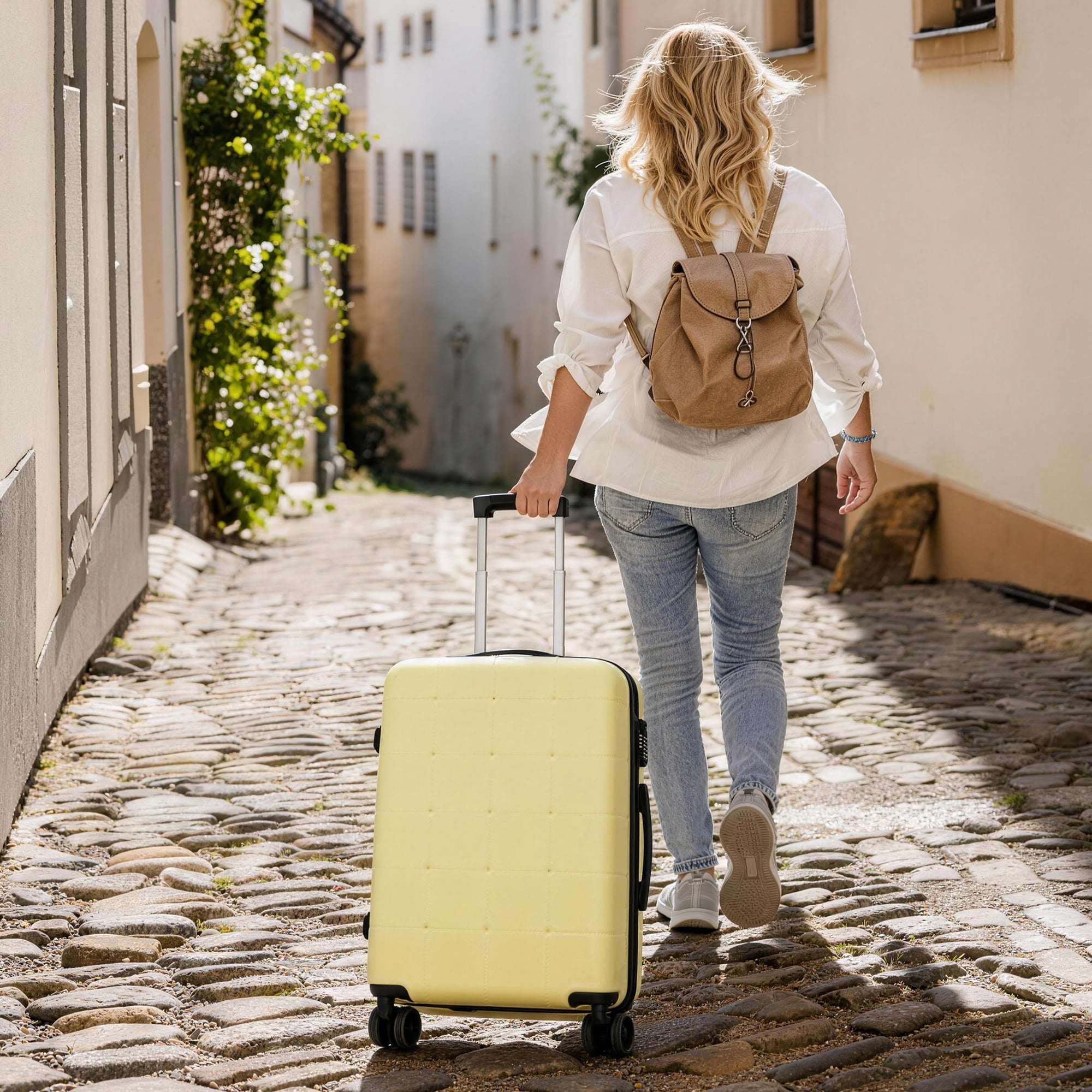 Euroco Luggage Sets 5 Piece, ABS Hardside Expandable Suitcase Set with TSA Lock Spinner Wheels and 2 Bags,20" Half-opening Carry on Luggage with USB Port for Travel,Yellow(20"/24"/28")