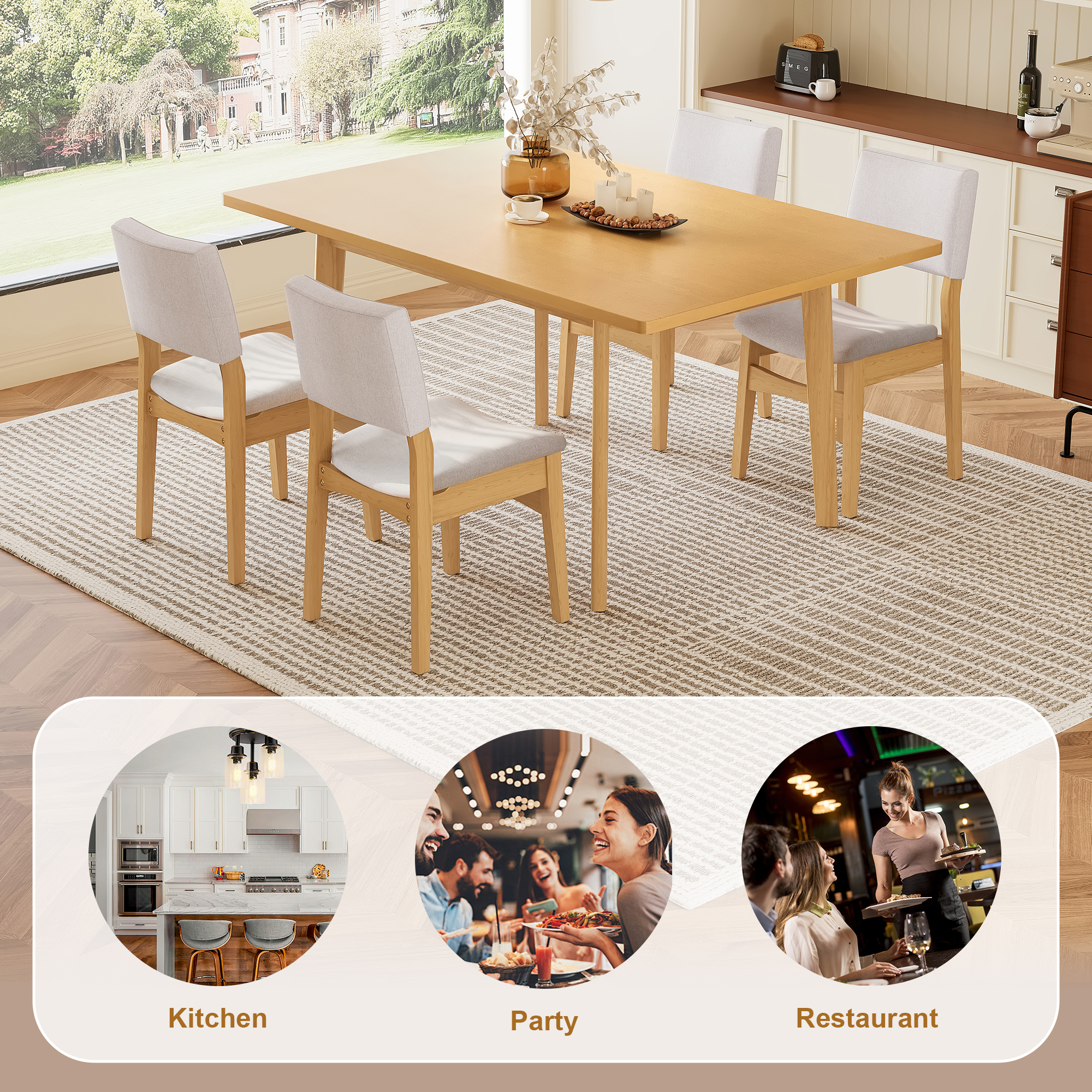 Euroco 5-Piece Mid Century Modern Dining Set for 4, Dining Room Table with 4 Upholstered Chairs and Solid Wood Frame for Kitchen/Dining Room,Natural