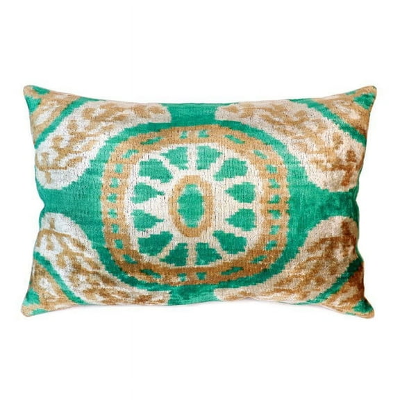 Pasargad Home Contemporary Velvet Pillow-15" x 24", Green/Beige