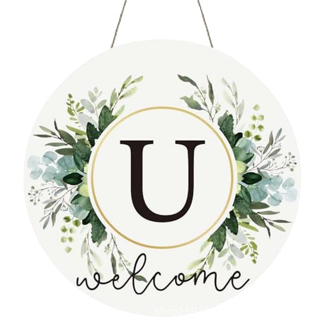 Clearance! Monogram Letter Welcome Sign for Front Door Rustic Green Floral Family Initial House Warming Decor Spring Summer Wooden Wreath Personalized Sign for House Front Porch 12 Inch