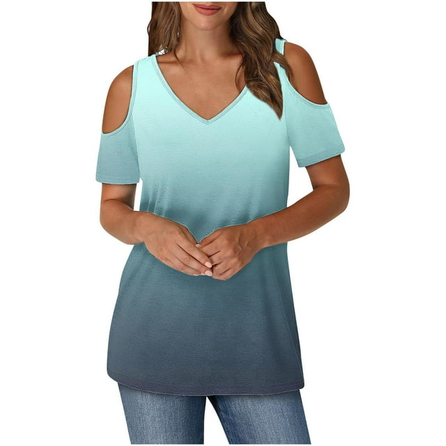 Tops de Algodón para Mujeres Gradiente Impreso Manga Corta Cuello en V Fuera Del Hombro, Top de Moda para el Uso Diario