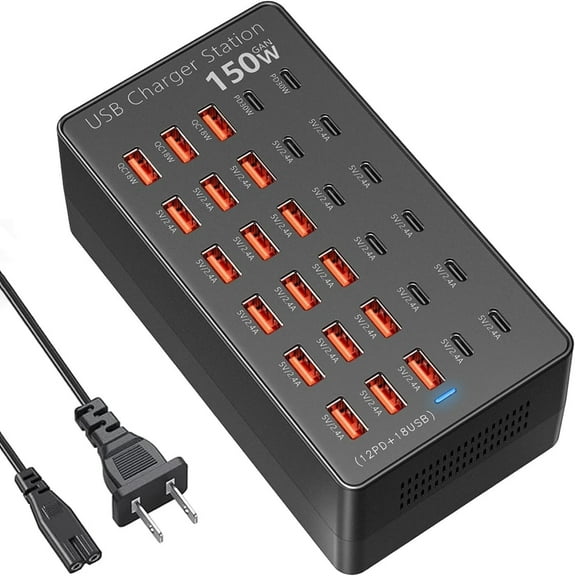USB Charging Station 30 Port, 150W Multiple USBC Charging Block(18 USB A 12 Type C Port) Desktop Charger Hub for Multiple Devices Compatible with iPhone/iPad/Smartphones/Tables/and More Devices