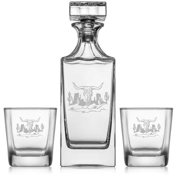 Whiskey Decanter Gift Set With 2 Whiskey Old Fashioned Rocks Glasses Cow Skull Cactus Desert Western Scene
