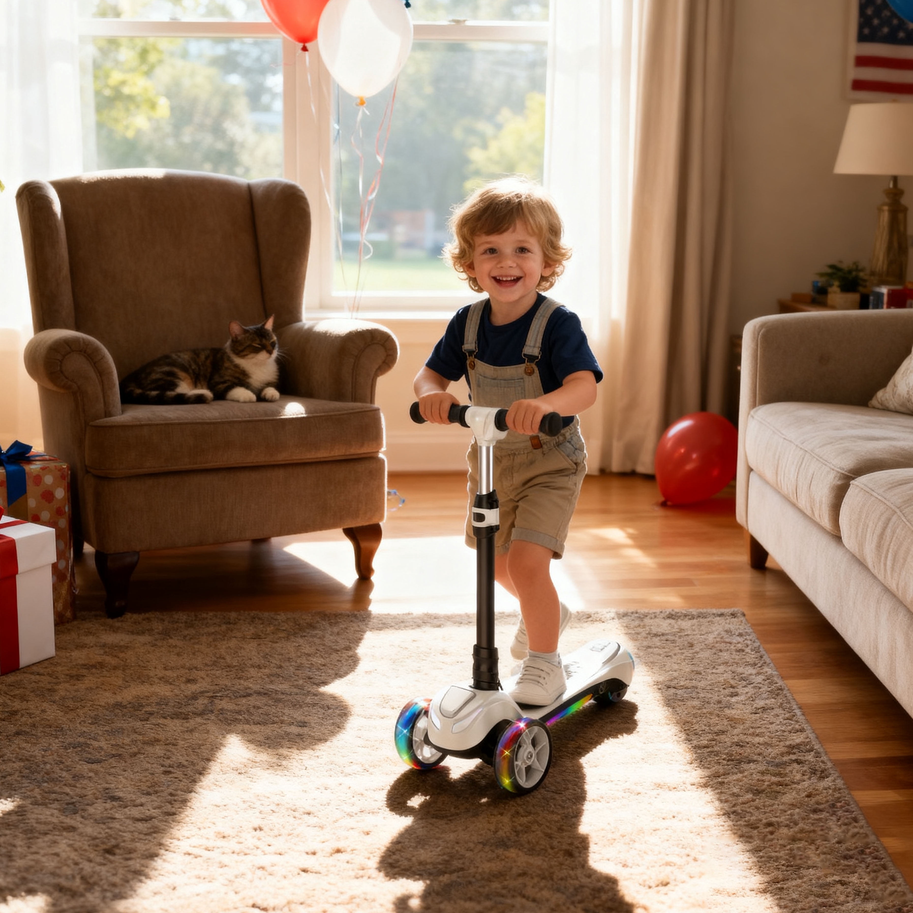 Electric Scooter for Kids Age 3-6, Light-Up Pole & Pedal Foldable Kid Escooter, 5 Mph Max 3-Wheel Electric Ride On Toys (White)