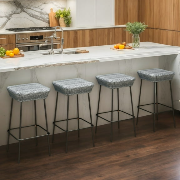 Spaco 29.5 Inches Patio Bar Stools Set of 2, Bar Stool with Rattan Seat and Footrest for Patio, Garden, Backyard, Gray