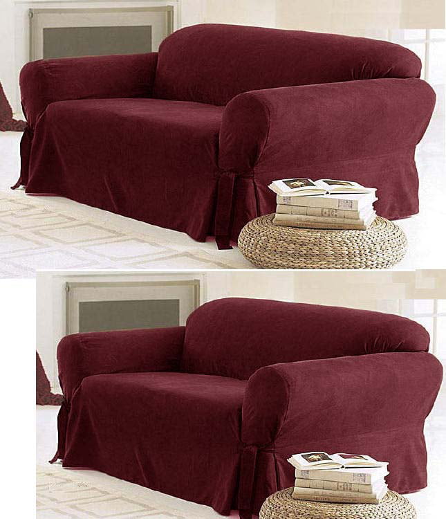 SOLID SUEDE Couch Covers 3 Piece Burgundy slipcover Set