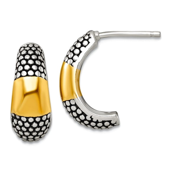 925 Sterling Silver and Gold-tone Oxidized Polished Post J-hoop Earrings 17x10.4mm Wide 6.7mm Thick Hoop Earring for Wom