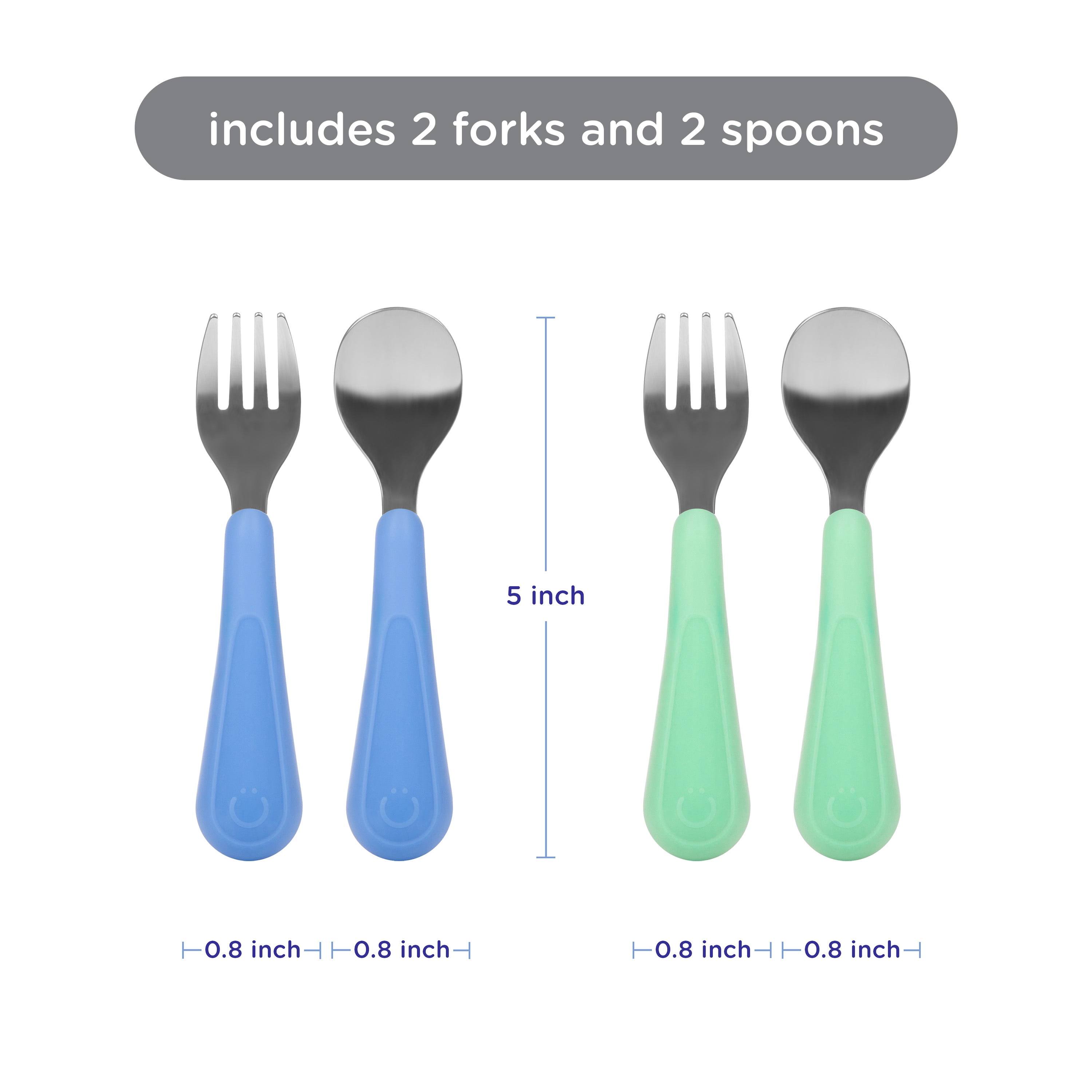 Ubbi Stainless Steel Toddler Utensil Set, Includes 2 Forks & 2 Spoons, Polaris Blue & Sugar Snap Green, 4 Pack, Food Grade Silicone
