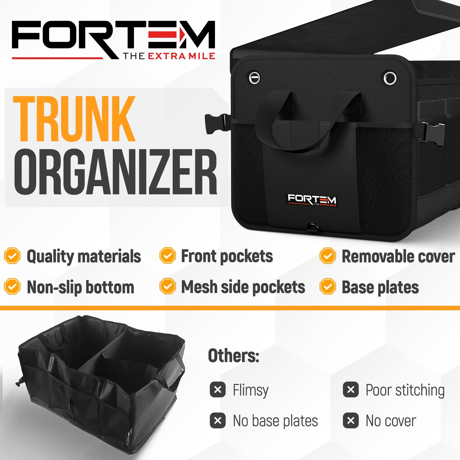 FORTEM SUV Trunk Organizer, Car Organizer, Collapsible Multi-Compartment Storage Bag for Car Accessories for Women Men, 1680D Oxford, Non Slip Bottom, Adjustable Straps, (50L)