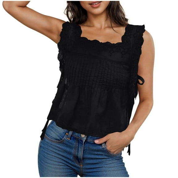 Hvot&aat Women Side Tie Lace Trim Tank Tops Solid Color Sleeveless Pullover Semi Sheer Pleated Square Neck Blouses