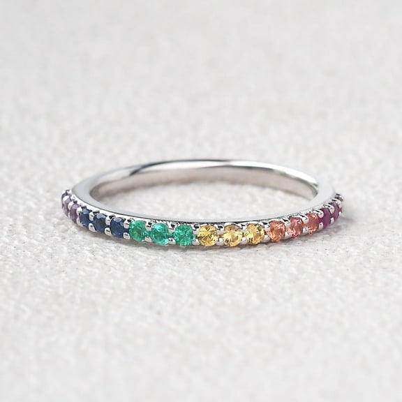 18k gold plated Minimalist Rainbow Gemstones Half Eternity Ring,Ombre ring.multi color eternity band,half eternity rainbow band,Gold Engagement Ring