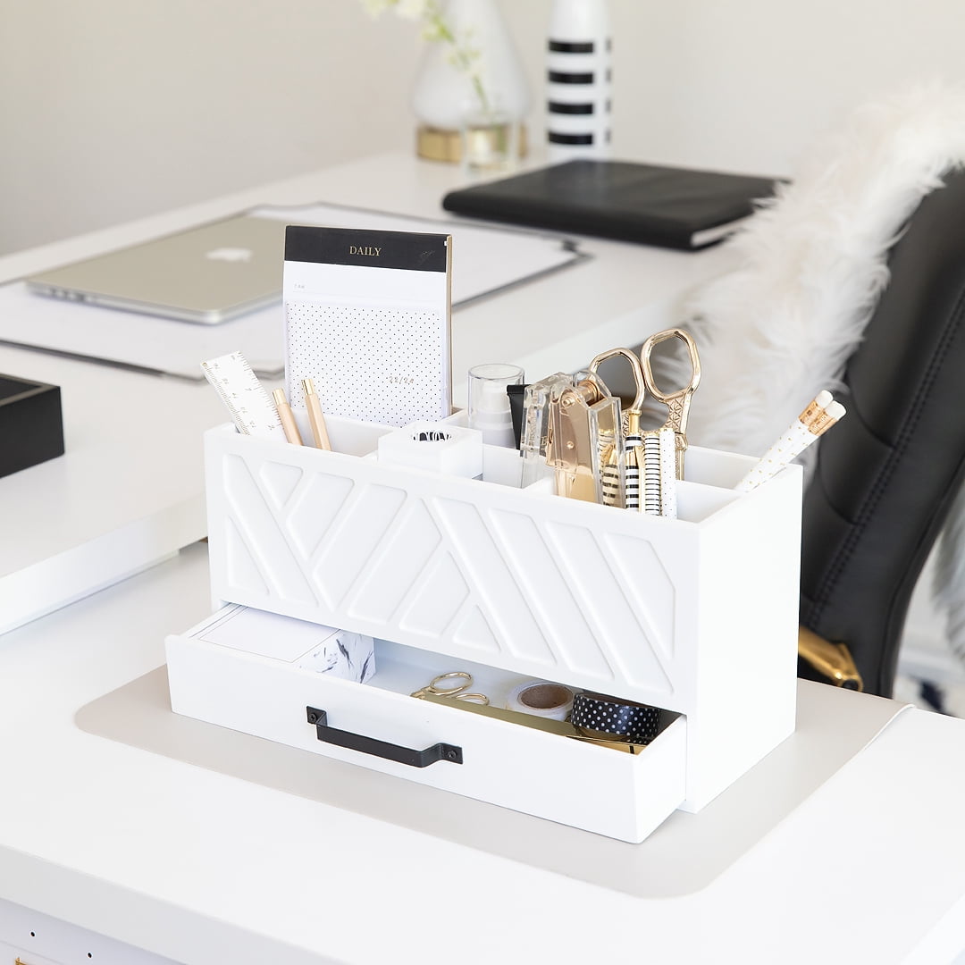 Blu Monaco 6 Compartments White Wooden Pen Organizer – Pencil Holder for desk - Office Supply Organizer for Art or Marker – Stationary Organizer