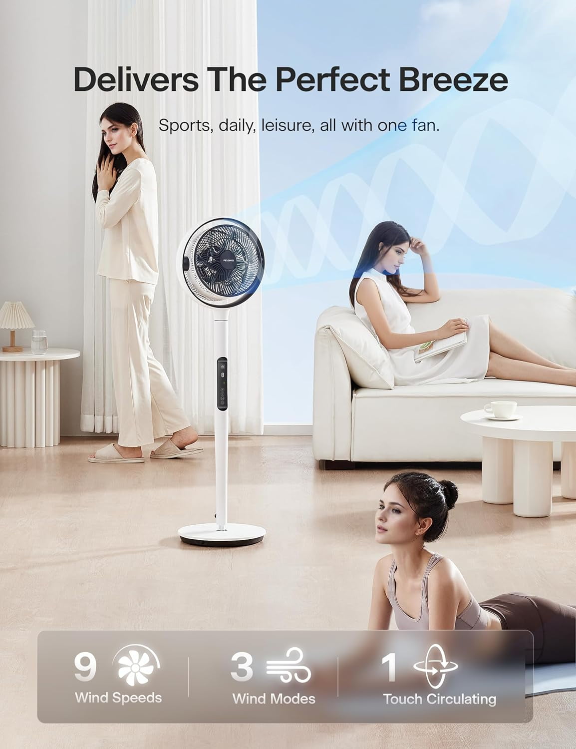 Pelonis Adjustable Pedestal Fan, 9 Speed, Oscillation, Quiet, Smart, Remote, 50-53.5", White