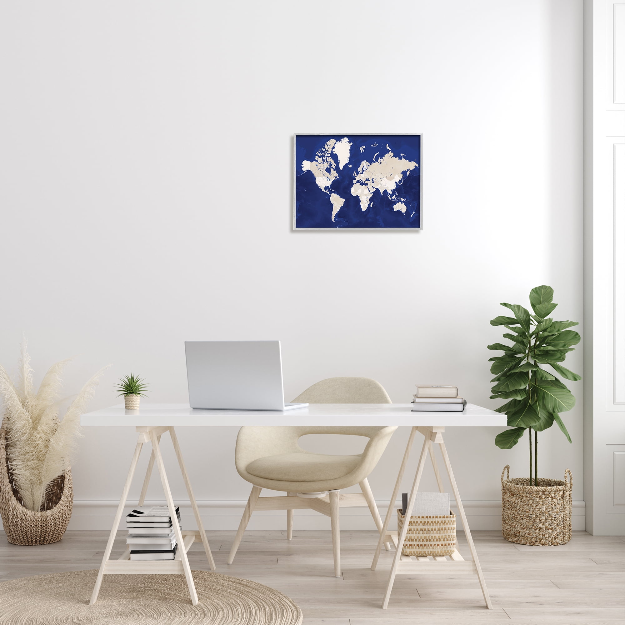 Stupell Industries Traditional World Map Neutral Tone Continents On Blue, 16 x 20, Designed by BlursByAI