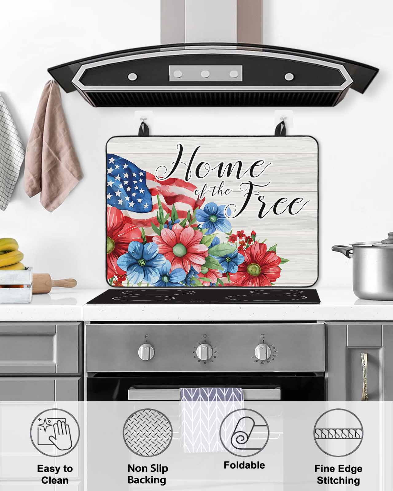 nqOlkjepod Large Induction Cooktop Protector Mat 24"x21", 4th of July Stove Top Covers for Electric Stove, Independence Day Blue Red Floral Retro Stove Burner Cover Mats, Glass Top Stove Cover