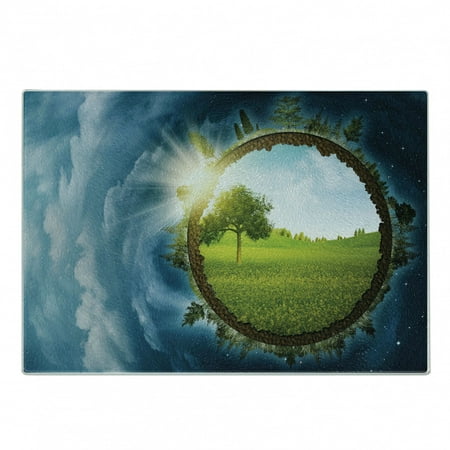 

Earth Cutting Board Circular Frame with Endless Green Landscape Infinity Clouds Space Decorative Tempered Glass Cutting and Serving Board Small Size Green Brown Petrol Blue by Ambesonne
