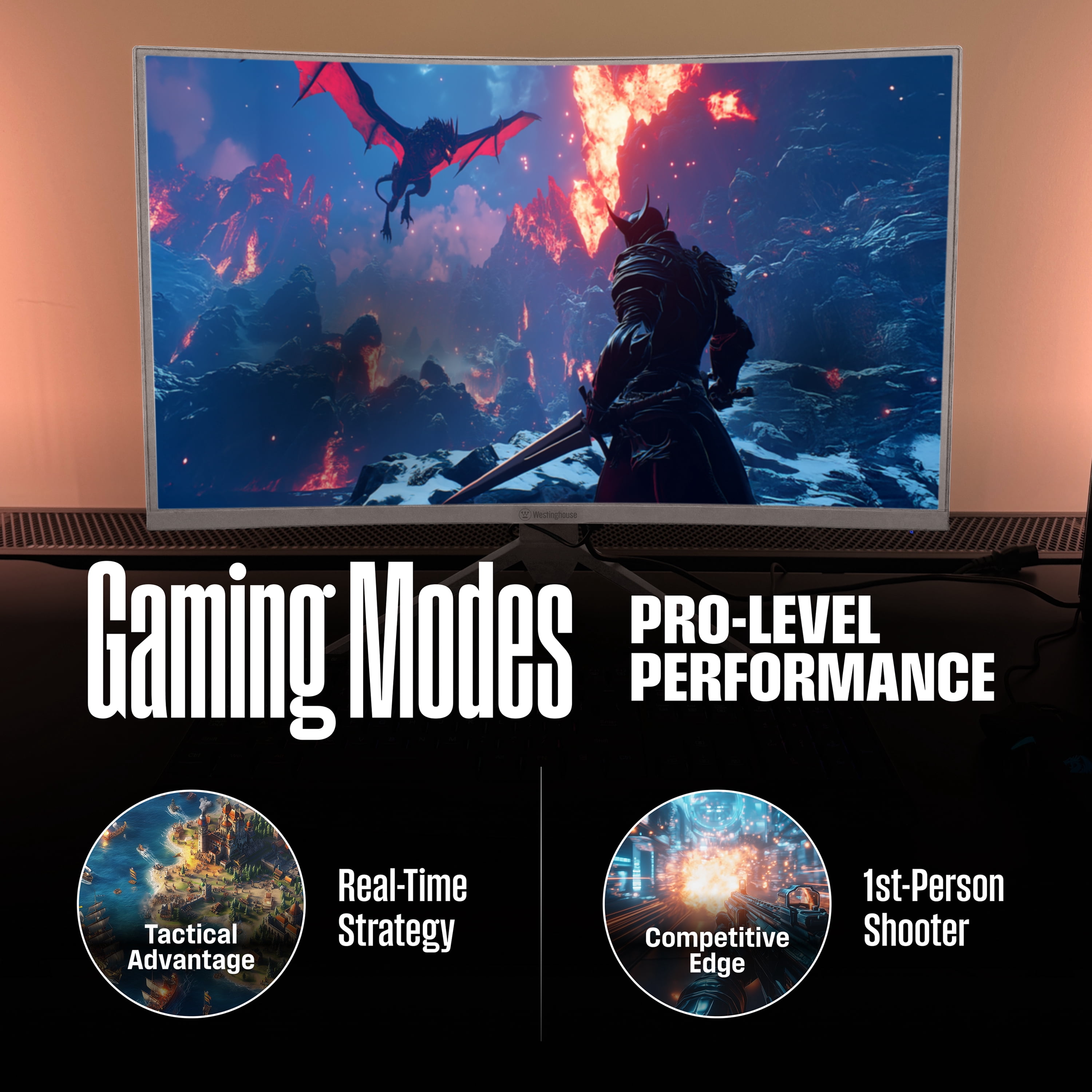 Westinghouse 27 Inch Curved Gaming Monitor, 200Hz, 1ms, FHD 1080P, 3000:1 Contrast Ratio, 118% sRGB, 1500R, AMD FreeSync, Eyecare, for PC Games with Built-in Speakers, DisplayPort, HDMIx2-White