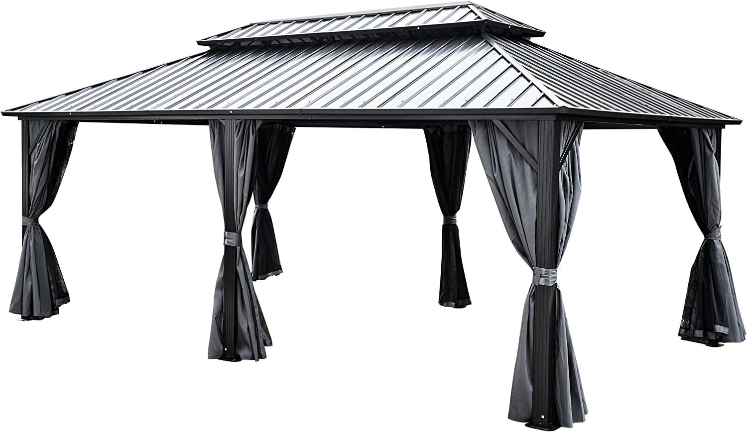 Dextrus Double Roof Hardtop Gazebo, Heavy Duty Hardtop with Netting and Curtains, Outdoor Galvanized Steel Combined of Vertical Stripes Roof for Patio, Backyard, Deck, Lawns-12x18ft, Gray