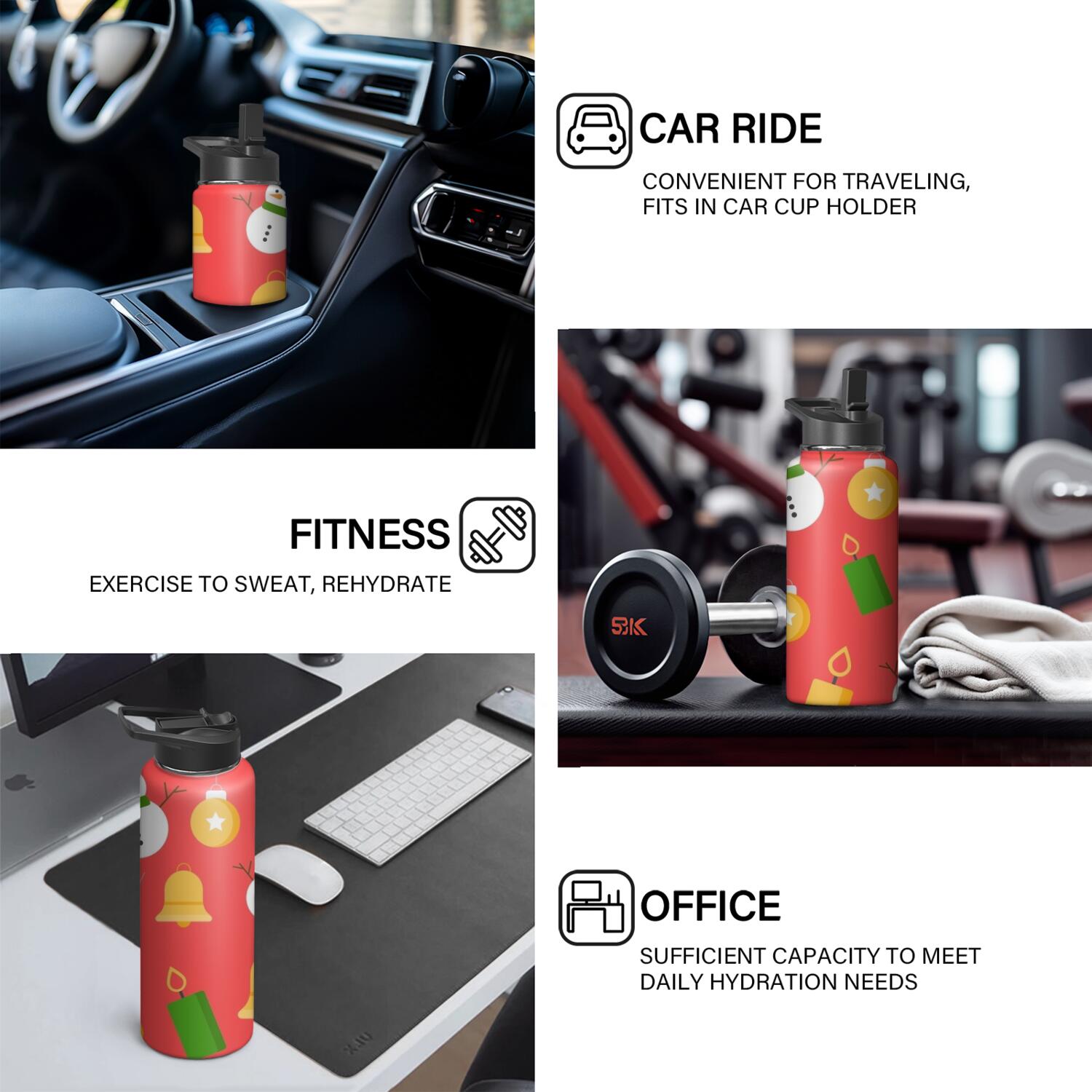 Christmas 18 oz Insulated Stainless Steel Water Bottle with Straw & Cleaning Brush , Leakproof, BPA-Free, 304 Stainless Steel, Wide Mouth, Travel Mug for Car, Gym, Office