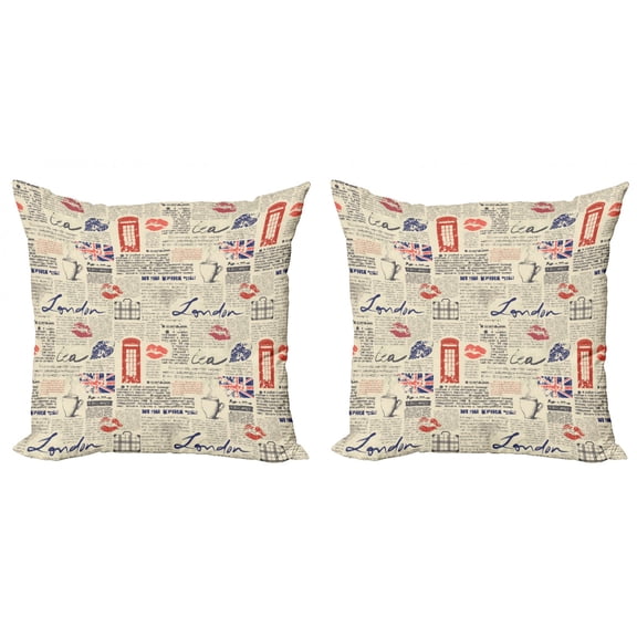 Ambesonne Tea Party Throw Pillow Cover 2 Pack, Newspaper Kiss Marks, 20", Beige Navy Blue Red