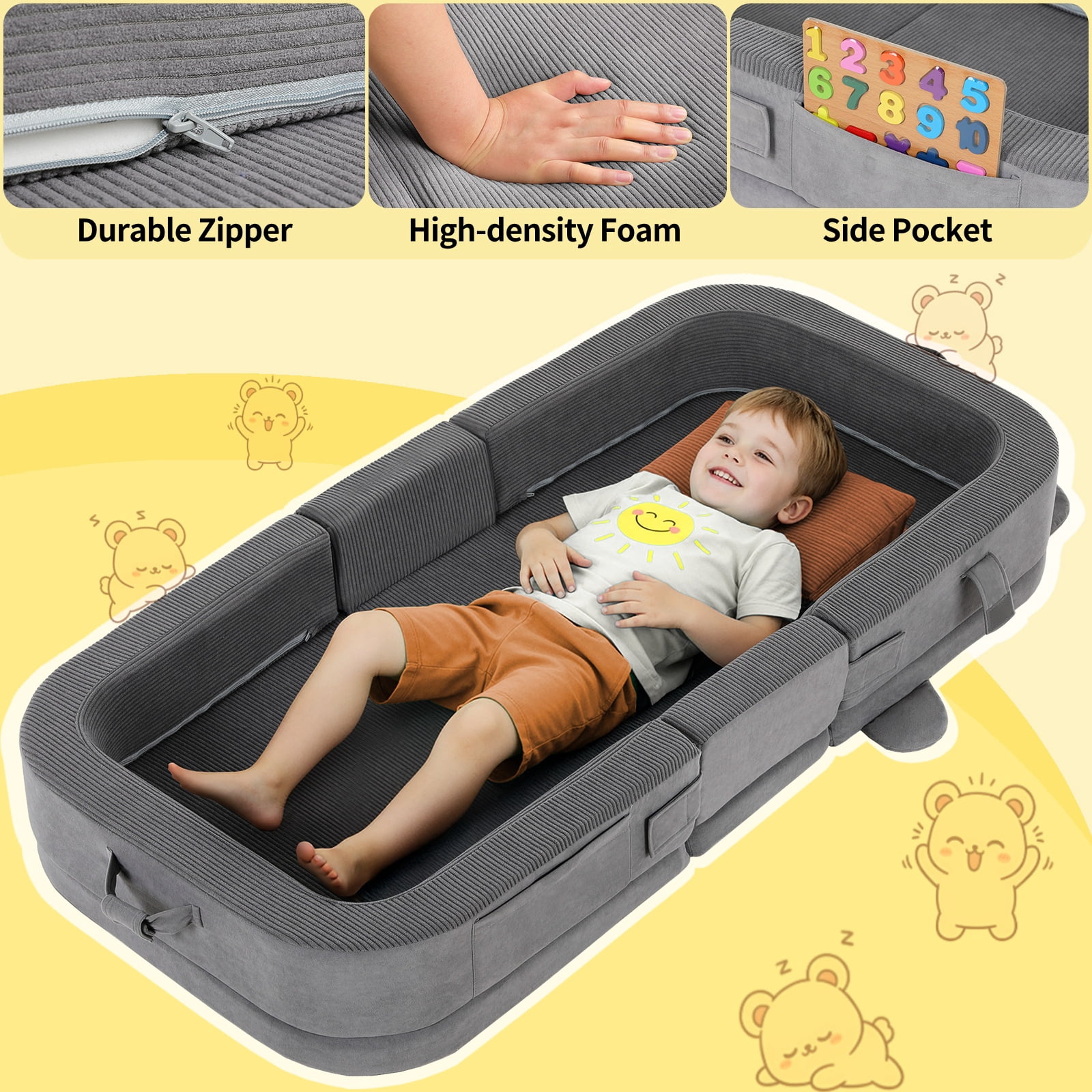 LIFERUN Foldable Toddler Travel Bed, Portable Toddler Floor Bed for Baby and Kids Aged 1-4, with Washable Cover, Safety Rail, for Home, Hotel, Camping