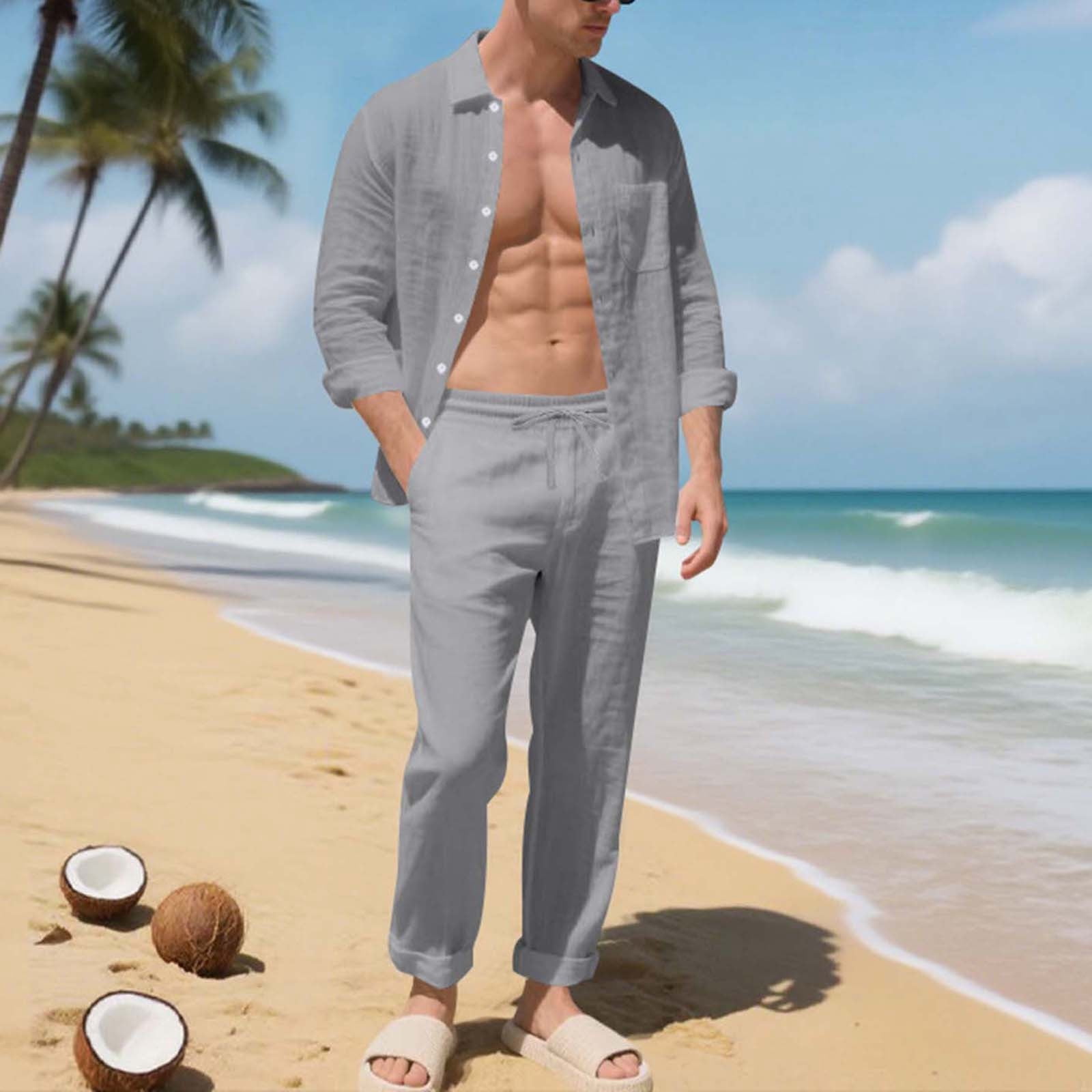 Men's Linen Casual Outfits Piece Solid Color Cuban Shirt and Pants Set Lightweight Beach Vacation Suit