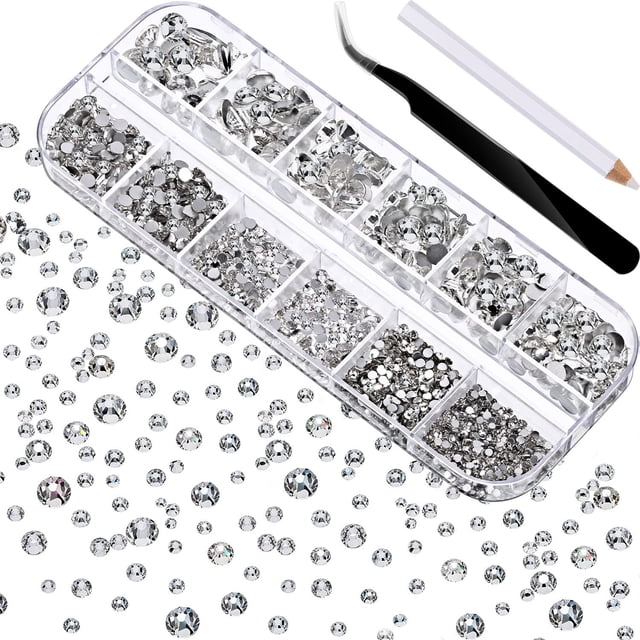 2000 piezas gemas plana de espalda redondeo de cristal rianas de 6 tamaños (1,5-6 mm) con tweeze y diamantes de imitación para recolectores para uñas zapatos de ropa de arte decoración esquí esquí Gafas de esquí
