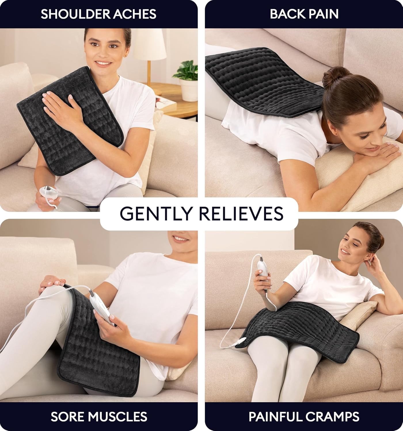 Geniani Electric Heating Pad for Back Pain & Cramps Relief, Heat Pad with 6 Heat Settings & 4 Timer Presets, Auto Shut Off, Machine Washable, Ultra Soft Hot Pad, (12"x24", Jet Black)