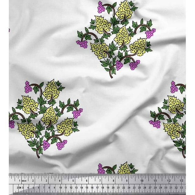 Soimoi Polyester Crepe Fabric Leaves & Floral Block Decor Fabric Printed Yard 42 Inch Wide