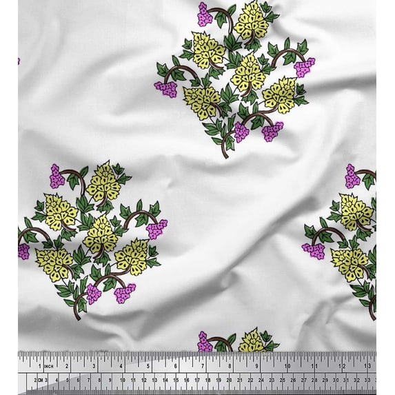 Soimoi Polyester Crepe Fabric Leaves & Floral Block Decor Fabric Printed Yard 42 Inch Wide