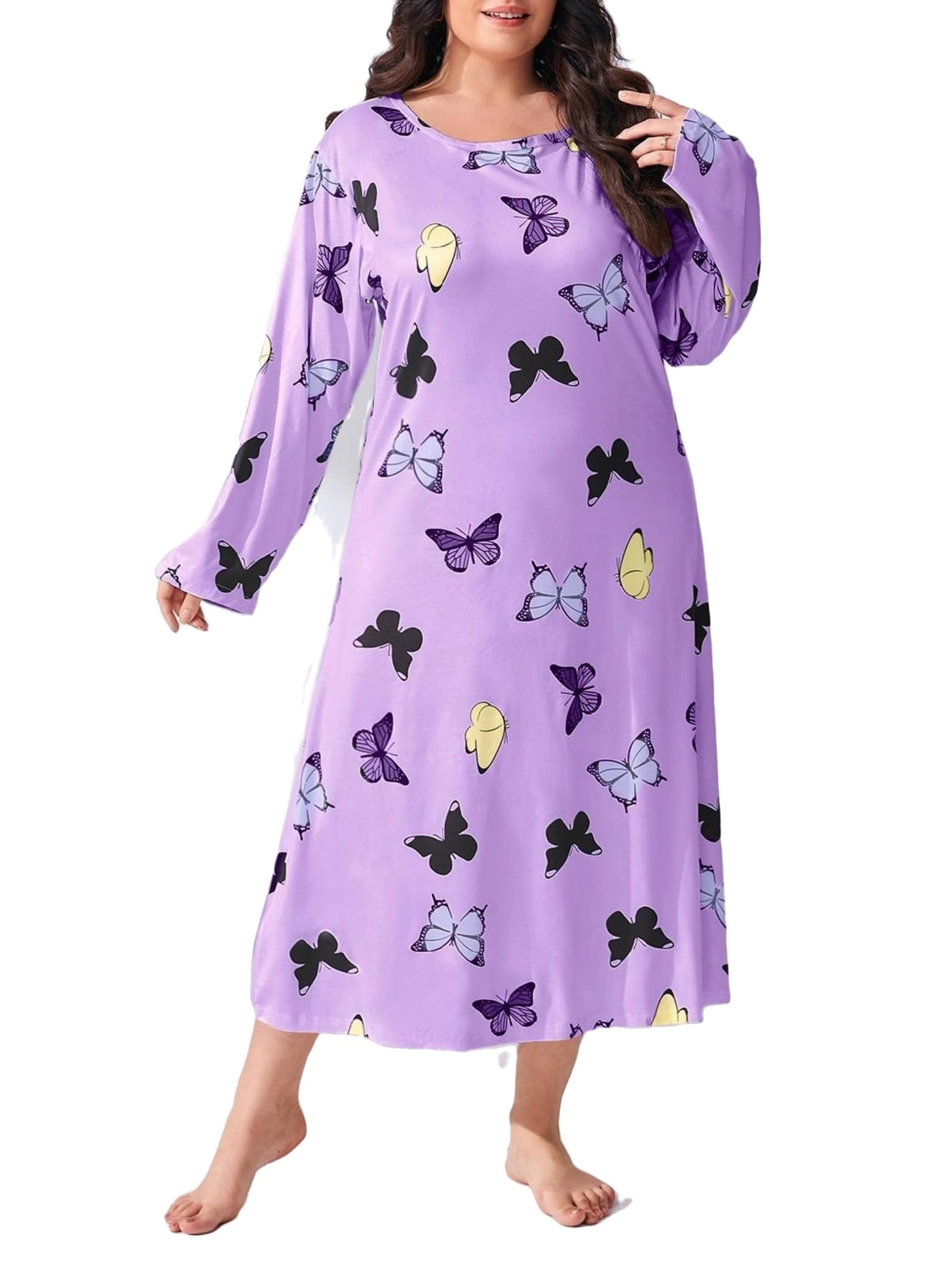 Casual Round Neck Sleepshirts Long Sleeve Baby Pink Plus Size ...