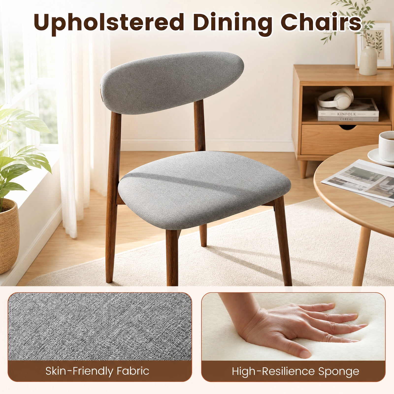 Furnibear Fabric Upholstered Dining Chairs Set of 2 with Curved Backs and Solid Rubber Wood Legs for Kitchen and Farmhouse Dining Room, Gray