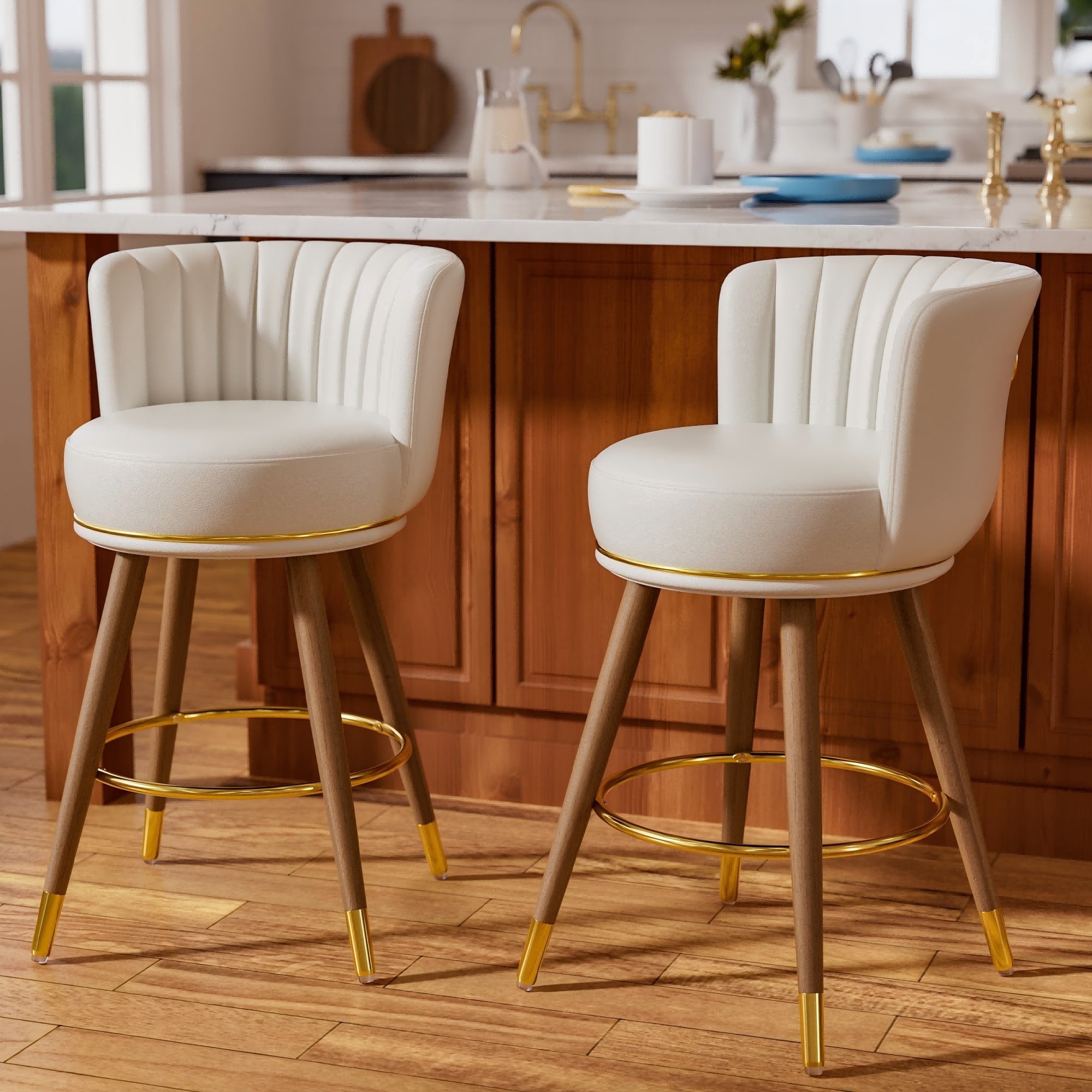 Ninecer Counter Height Bar Stools Set of 2, 26 Inch Swivel PU Leather Bar Chairs with Back and Footrest, Round Low Back Barstools for Kitchen Island Dining Room, White