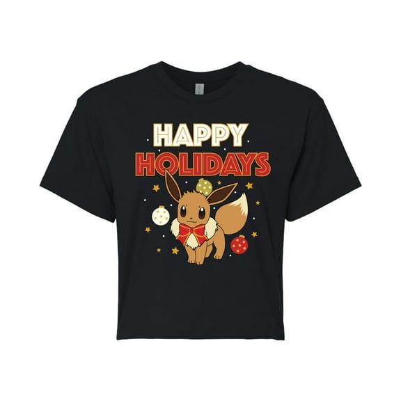 Pokémon - Happy Holidays Evee - Juniors Cropped Cotton Blend T-Shirt