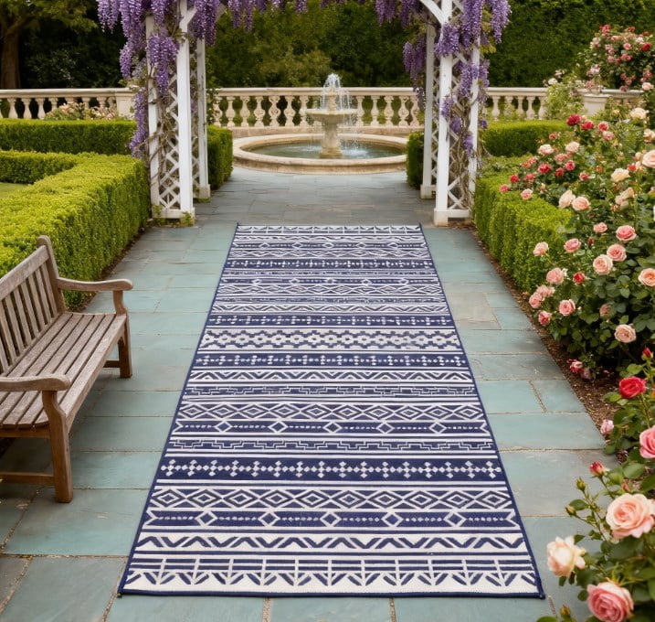 9' x 18' Blue and White Geometric Wall Reversible Outdoor Patio Rug, Waterproof Plastic Straw RV Camping Rug with Carry Bag, Foldable Fade Resistant Mat