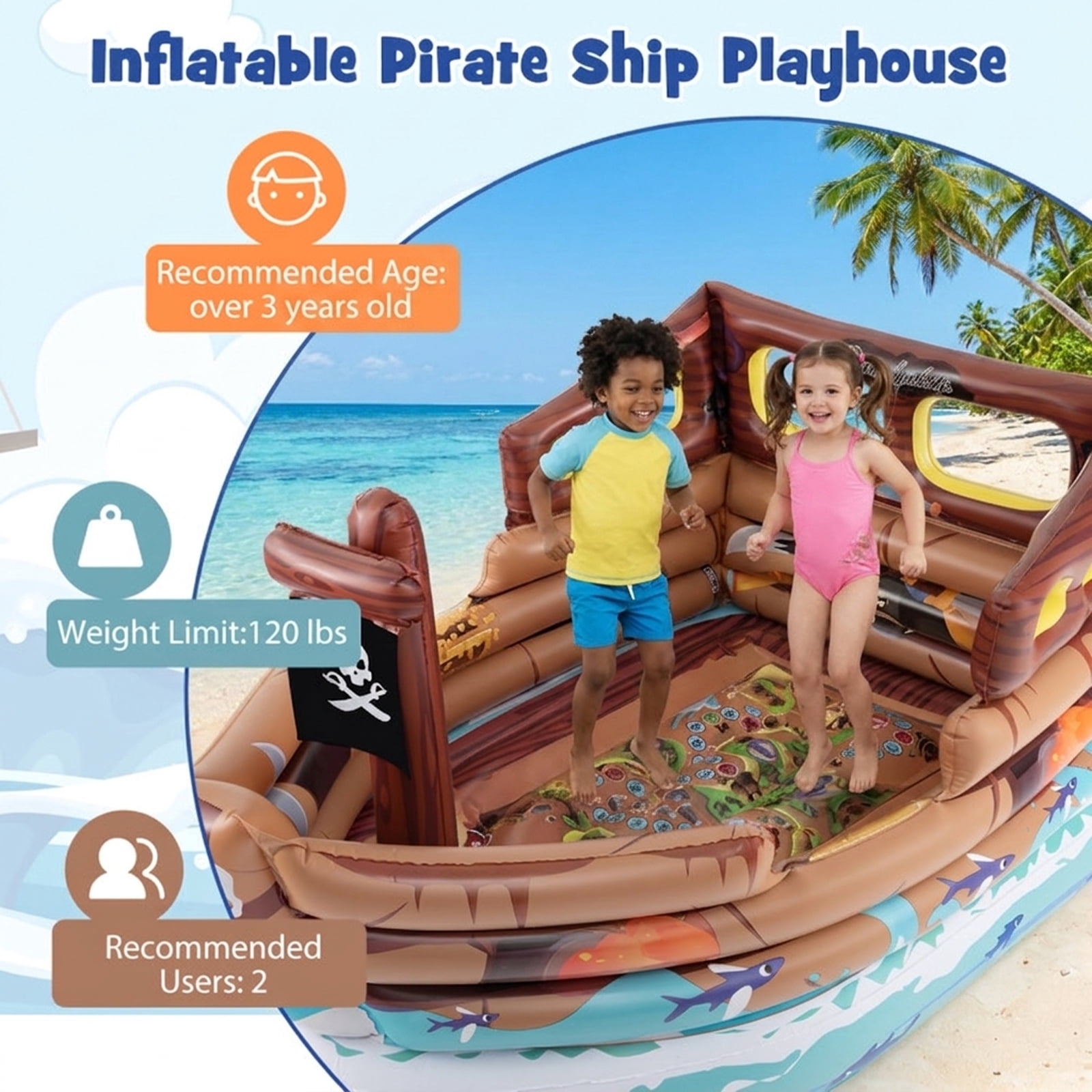 Redsmile Inflatable Pirate Ship Playhouse for Toddlers, Indoor Playground with Built-in Motor, Toy Sword and Pirate Hat, Kids Play Tent for 2 Kids 3+, Christmas Gift, Brown
