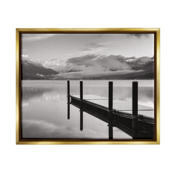 Stupell Industries Lakeside Mountain Dock Nature Photography Gold Floater Framed Art Print Wall Art, 21 x 17