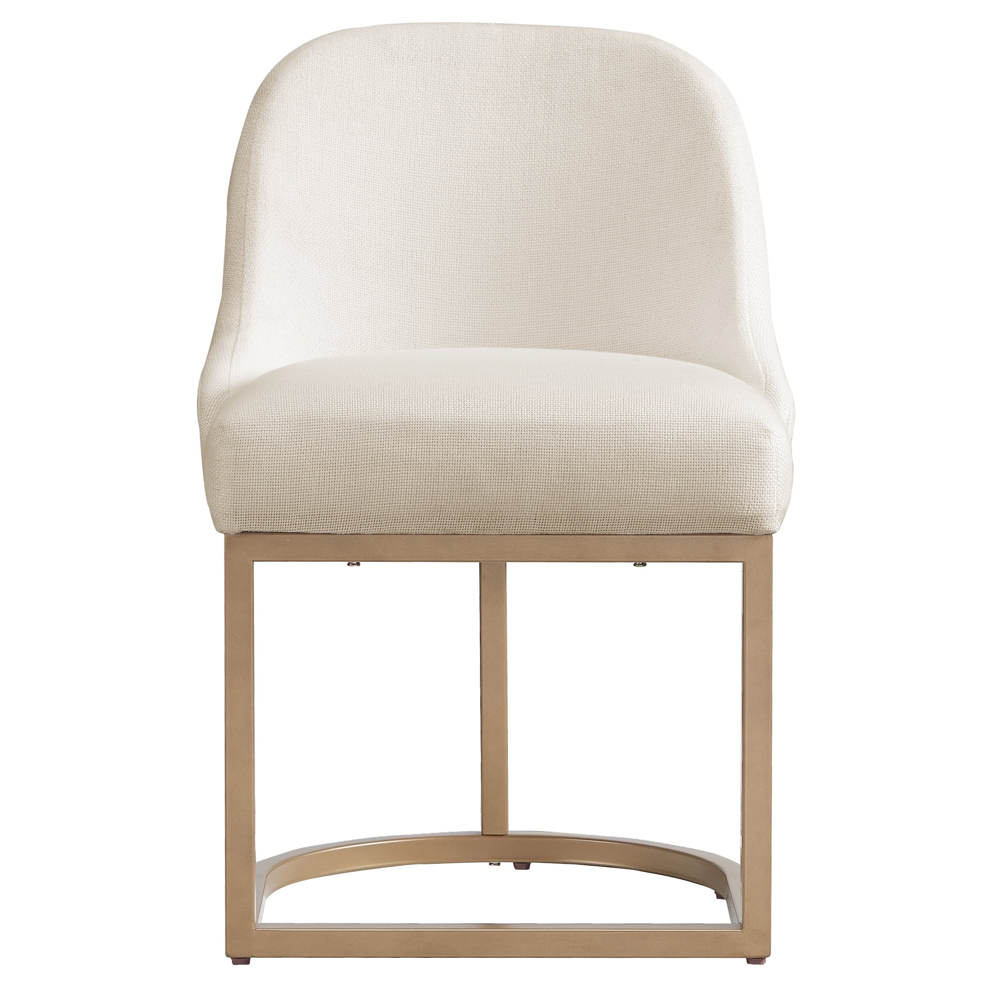 Upholstered Barrelback Dining Chair with Gold Metal Base, Modern White Linen, Set of 2
